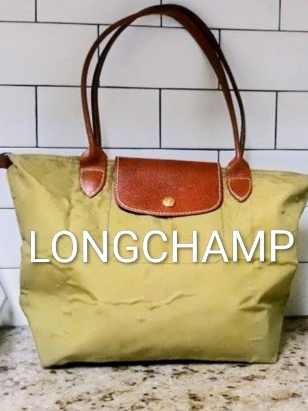 Longchamp Olive Green Tote with Brown Leather Trim